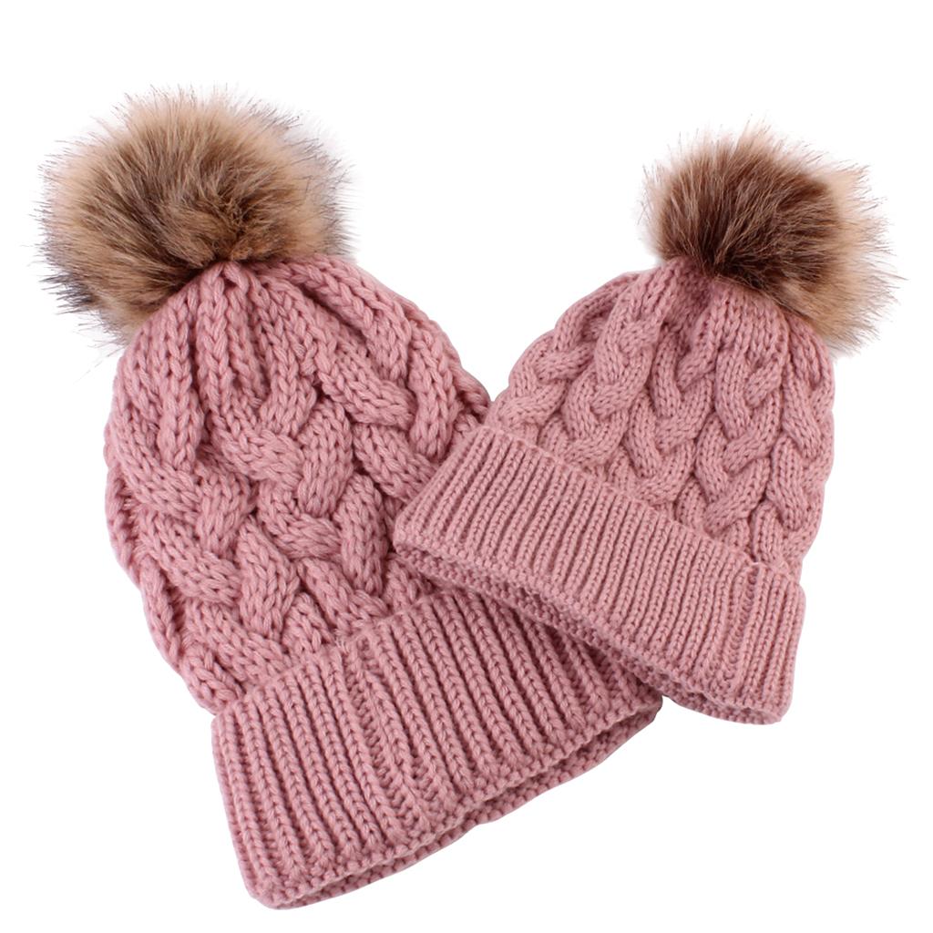 2PCS Parent-Child Beanie Hairball Cap Ball Warm Winter Knitted Hat Pink