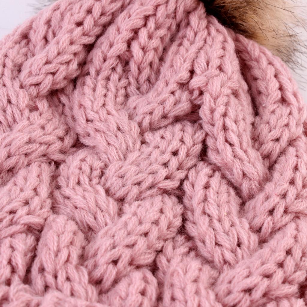 2PCS Parent-Child Beanie Hairball Cap Ball Warm Winter Knitted Hat Pink