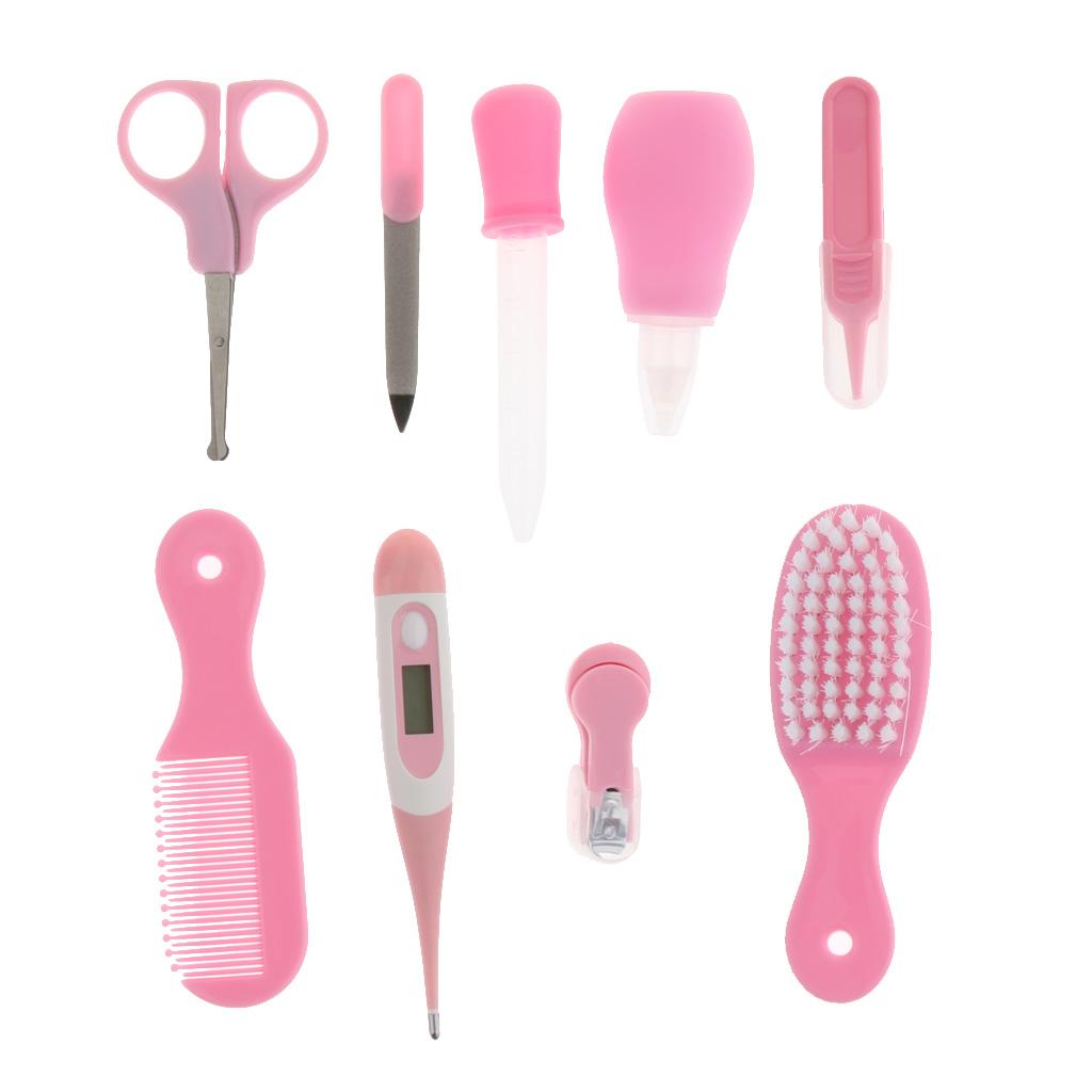 9pcs Kid Baby Nail Clipper Hair Care Set Grooming Thermometer Brush Kit Pink