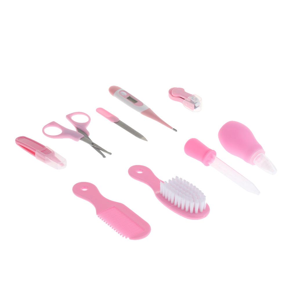 9pcs Kid Baby Nail Clipper Hair Care Set Grooming Thermometer Brush Kit Pink