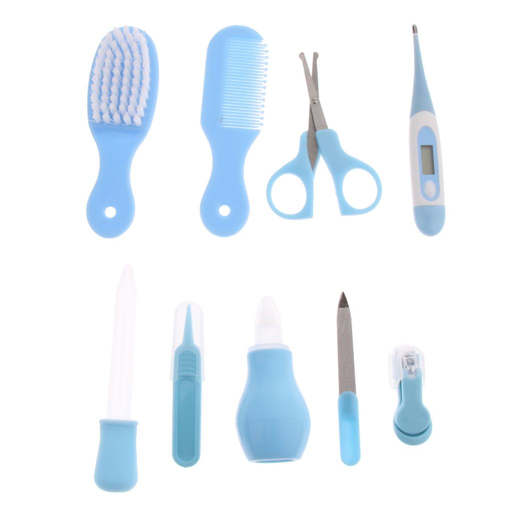 9pcs Kid Baby Nail Clipper Hair Care Set Grooming Thermometer Brush Kit Blue