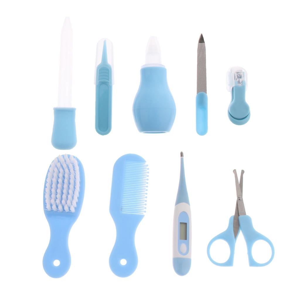 9pcs Kid Baby Nail Clipper Hair Care Set Grooming Thermometer Brush Kit Blue