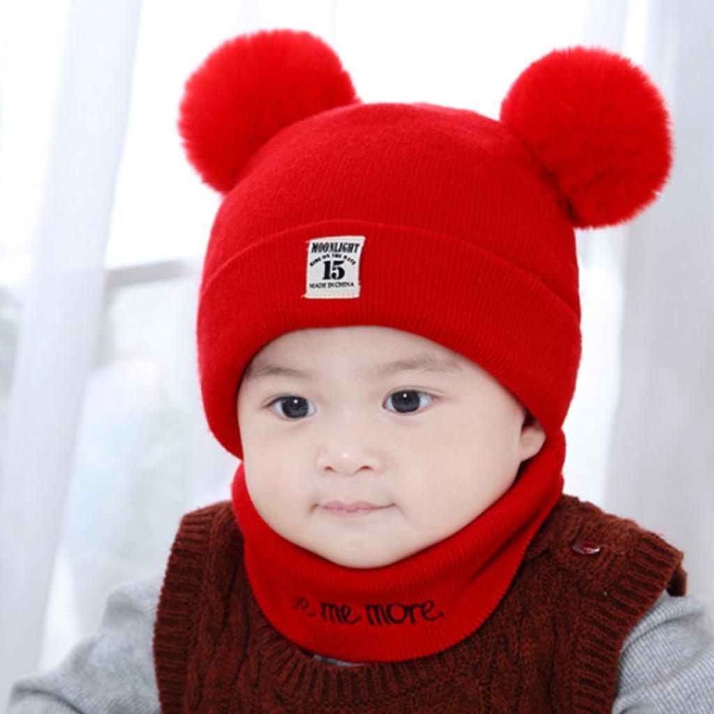 2pcs set Baby Winter Warm Knit Hat Infant Toddler Pom Beanie Cap Red