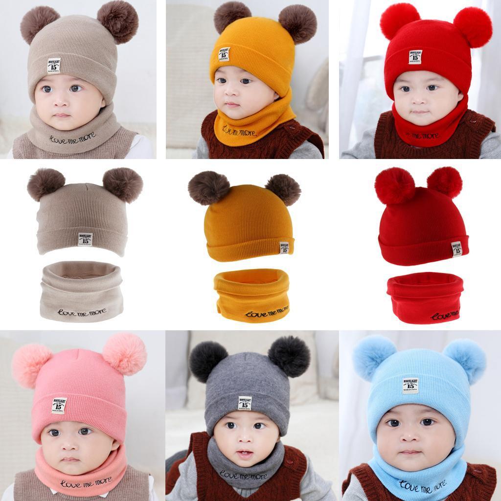 2pcs set Baby Winter Warm Knit Hat Infant Toddler Pom Beanie Cap Red