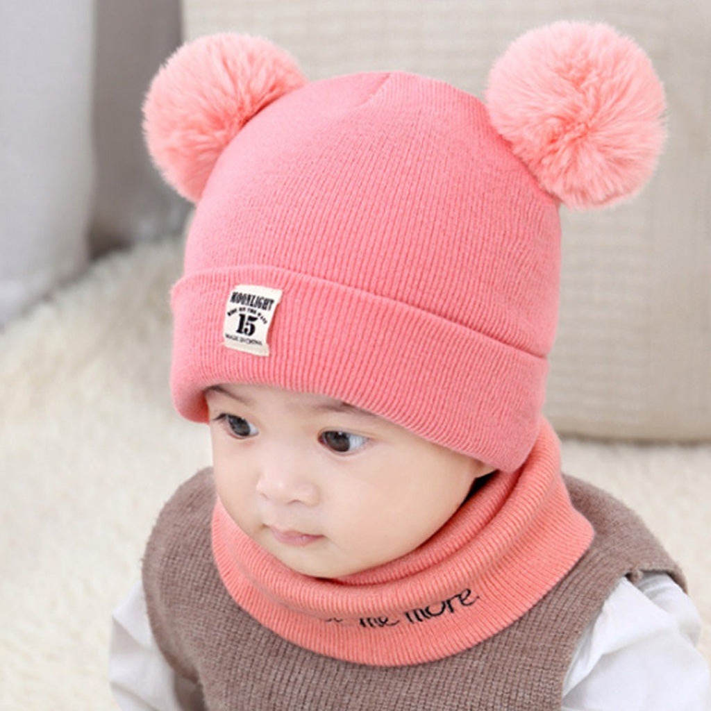 2pcs set Baby Winter Warm Knit Hat Infant Toddler Pom Beanie Cap Pink