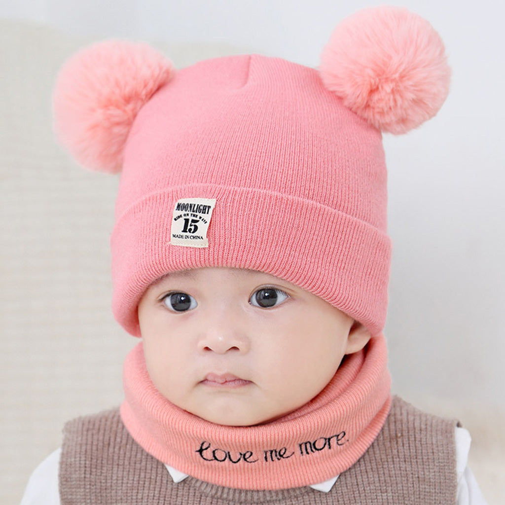 2pcs set Baby Winter Warm Knit Hat Infant Toddler Pom Beanie Cap Pink