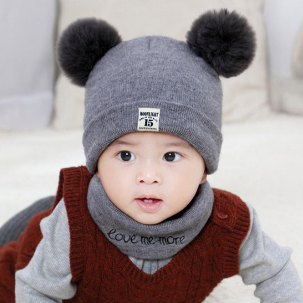 2pcs set Baby Winter Warm Knit Hat Infant Toddler Pom Beanie Cap Gray