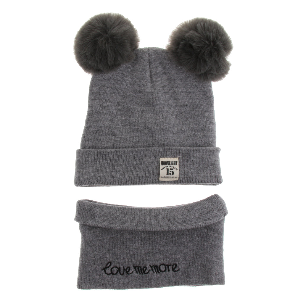 2pcs set Baby Winter Warm Knit Hat Infant Toddler Pom Beanie Cap Gray