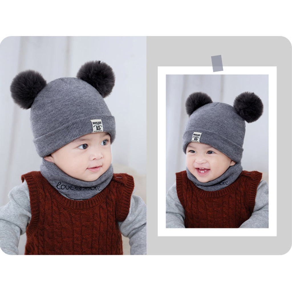 2pcs set Baby Winter Warm Knit Hat Infant Toddler Pom Beanie Cap Gray