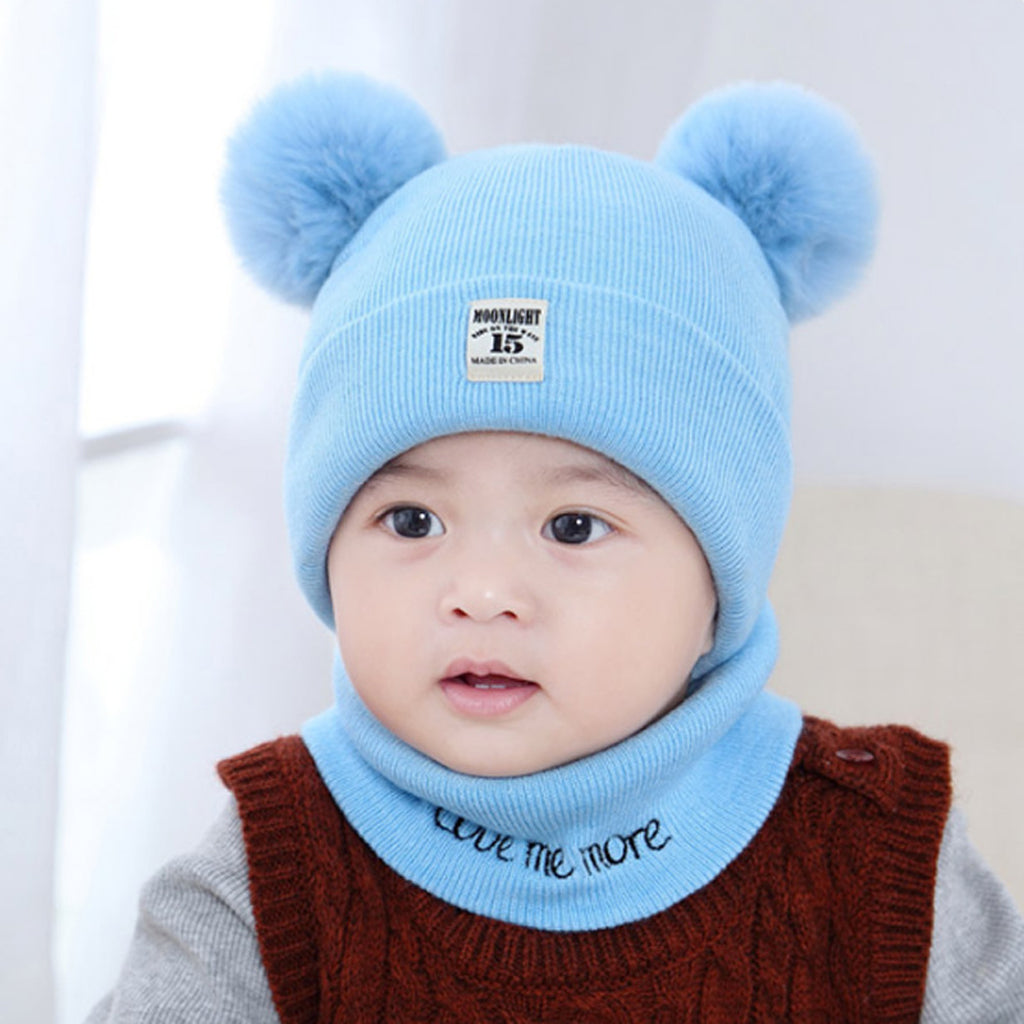 2pcs set Baby Winter Warm Knit Hat Infant Toddler Pom Beanie Cap Sky Blue