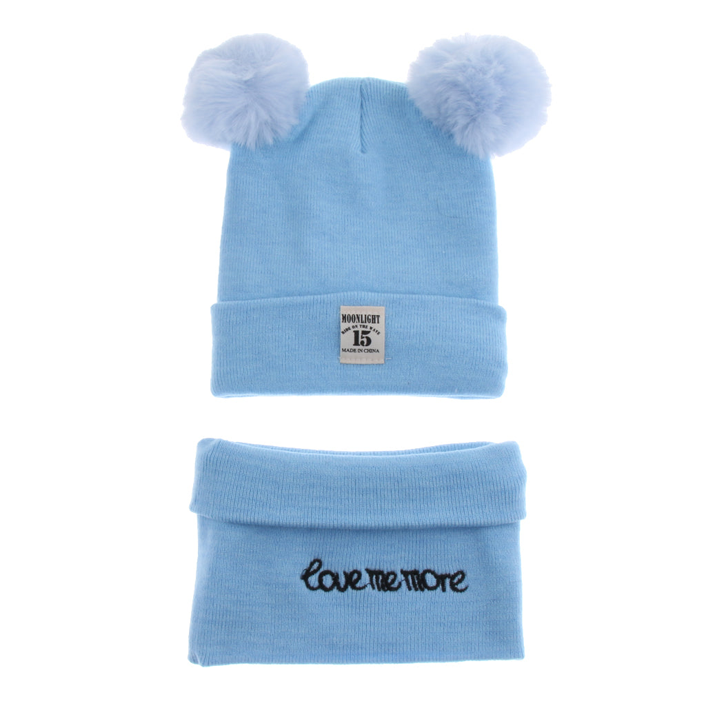 2pcs set Baby Winter Warm Knit Hat Infant Toddler Pom Beanie Cap Sky Blue