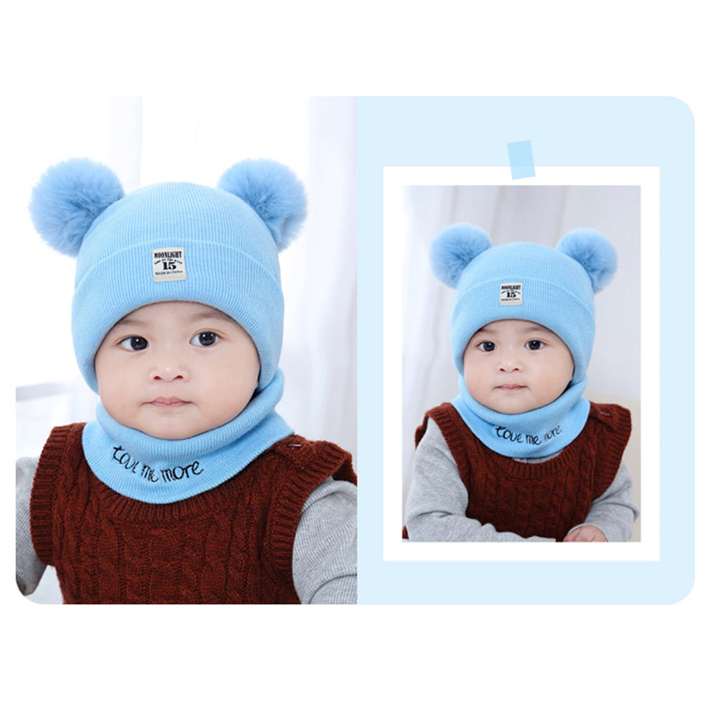 2pcs set Baby Winter Warm Knit Hat Infant Toddler Pom Beanie Cap Sky Blue