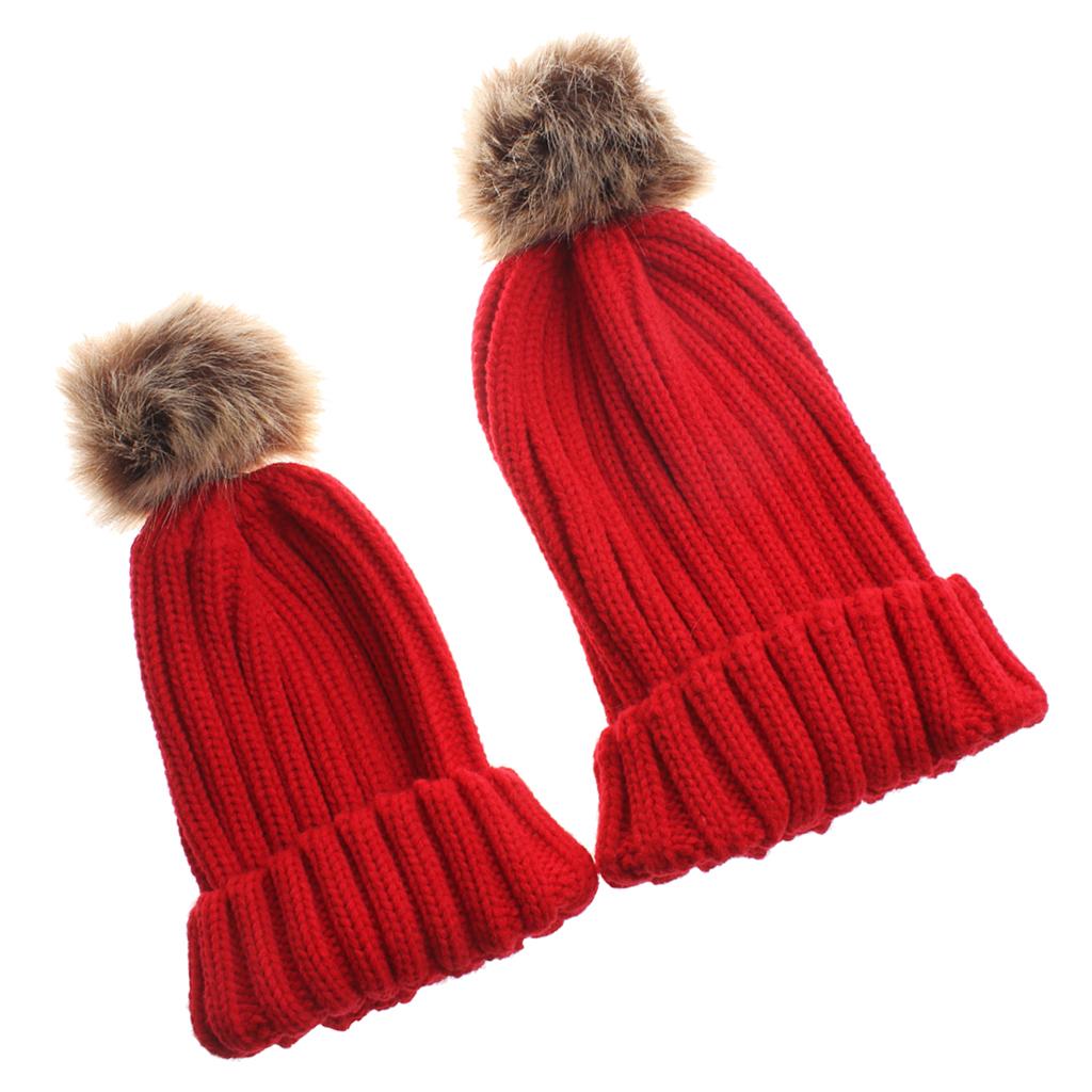 2 Pieces Parent-Child Hat Warmer Winter Knit Hat Beanie Ski Cap Red