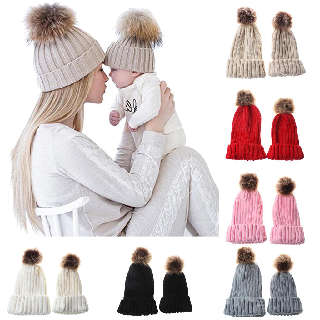 2 Pieces Parent-Child Hat Warmer Winter Knit Hat Beanie Ski Cap Red