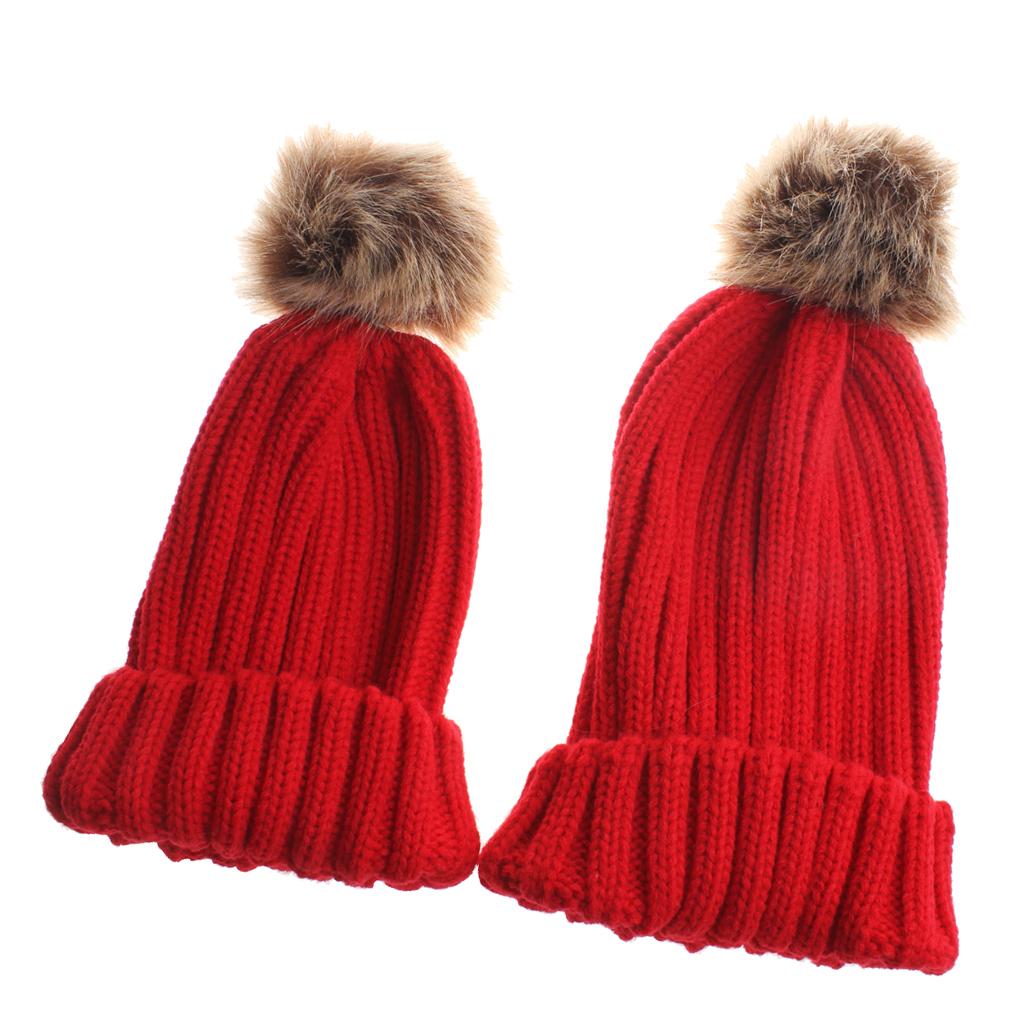 2 Pieces Parent-Child Hat Warmer Winter Knit Hat Beanie Ski Cap Red