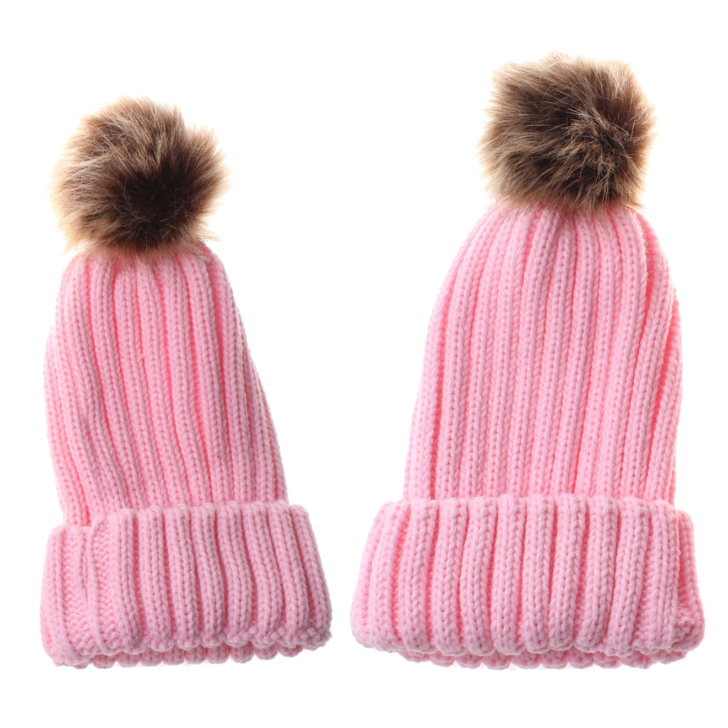 2 Pieces Parent-Child Hat Warmer Winter Knit Hat Beanie Ski Cap Pink