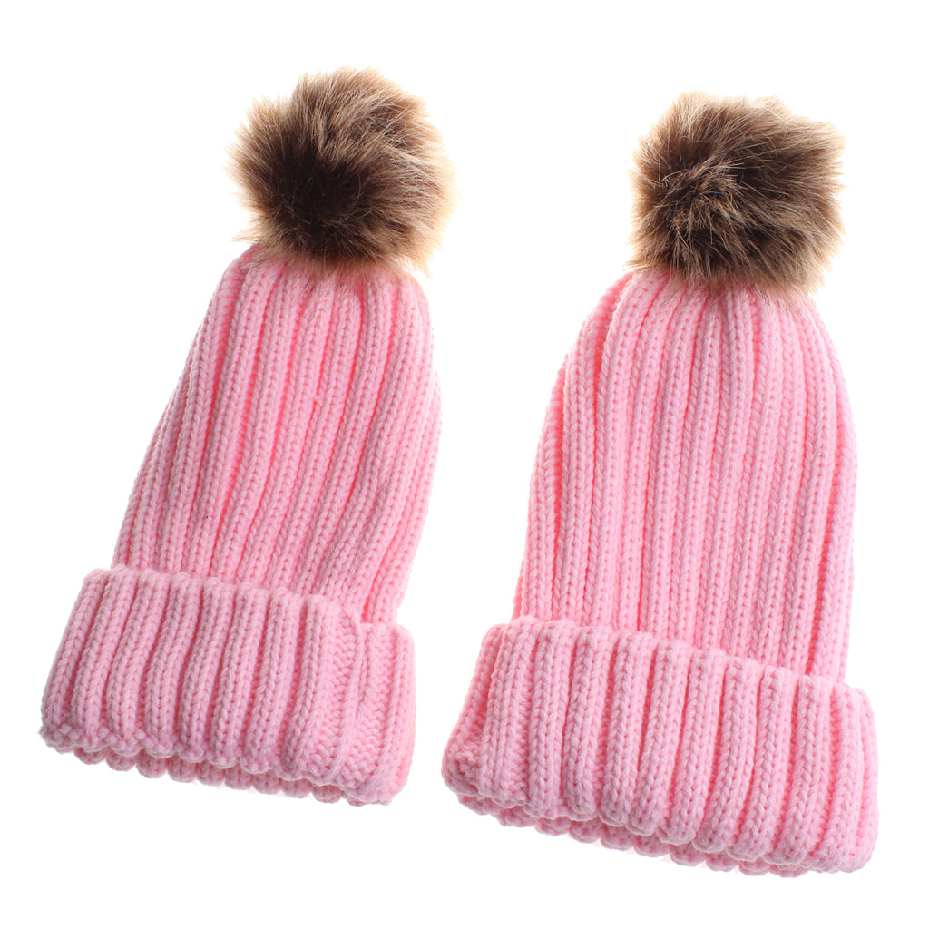 2 Pieces Parent-Child Hat Warmer Winter Knit Hat Beanie Ski Cap Pink