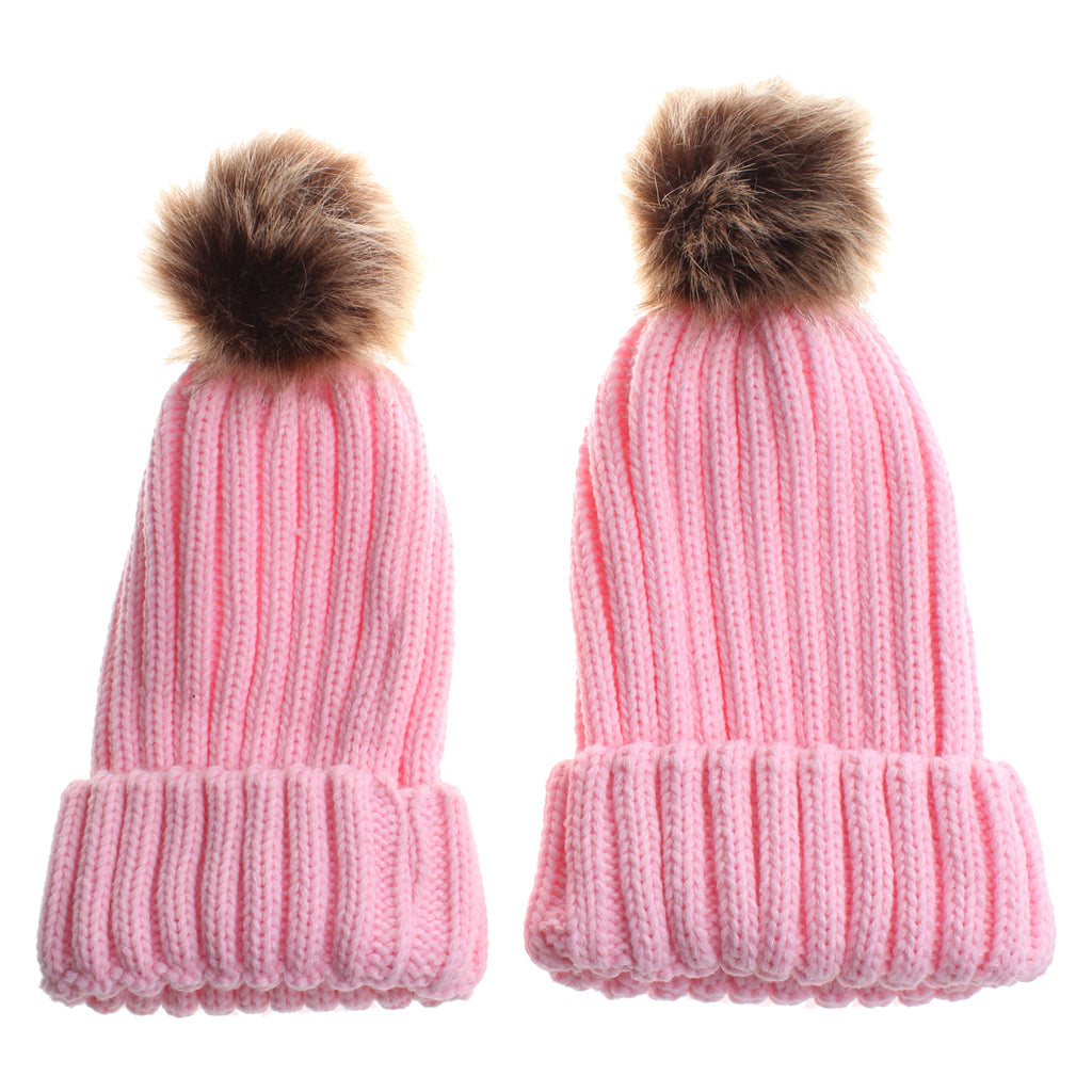 2 Pieces Parent-Child Hat Warmer Winter Knit Hat Beanie Ski Cap Pink