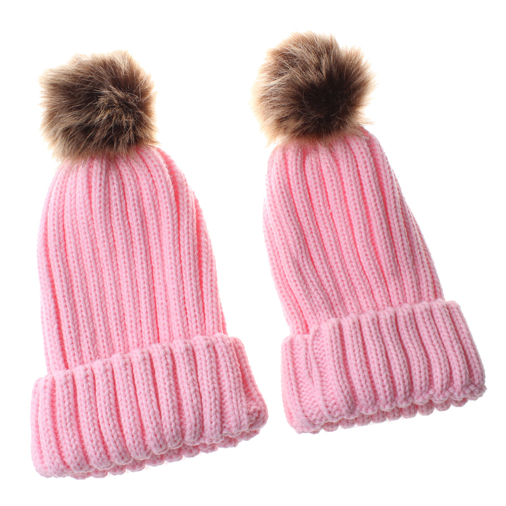 2 Pieces Parent-Child Hat Warmer Winter Knit Hat Beanie Ski Cap Pink