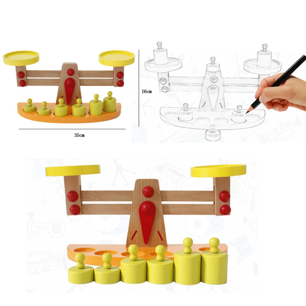 Wooden Balance Scale with 6 Pieces Weights Kids Preschool Educational Toy