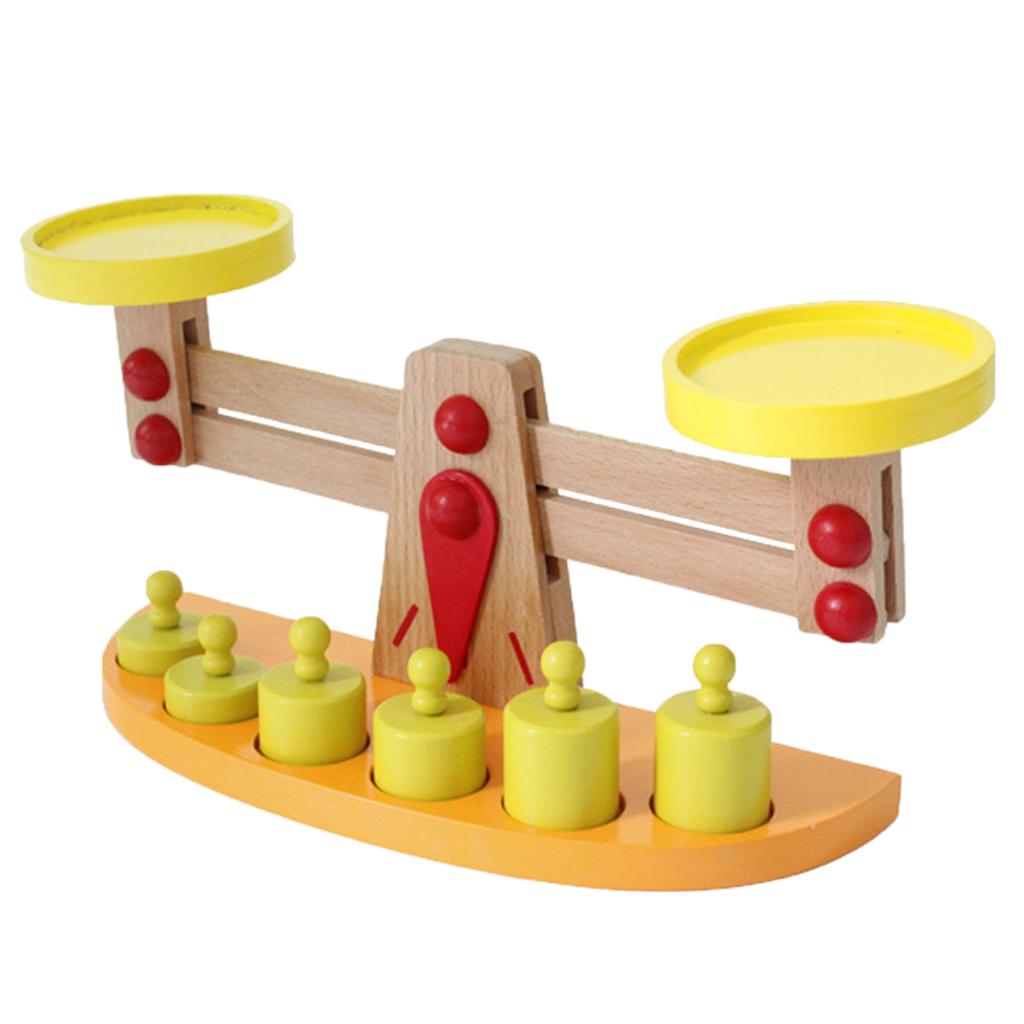 Wooden Balance Scale with 6 Pieces Weights Kids Preschool Educational Toy