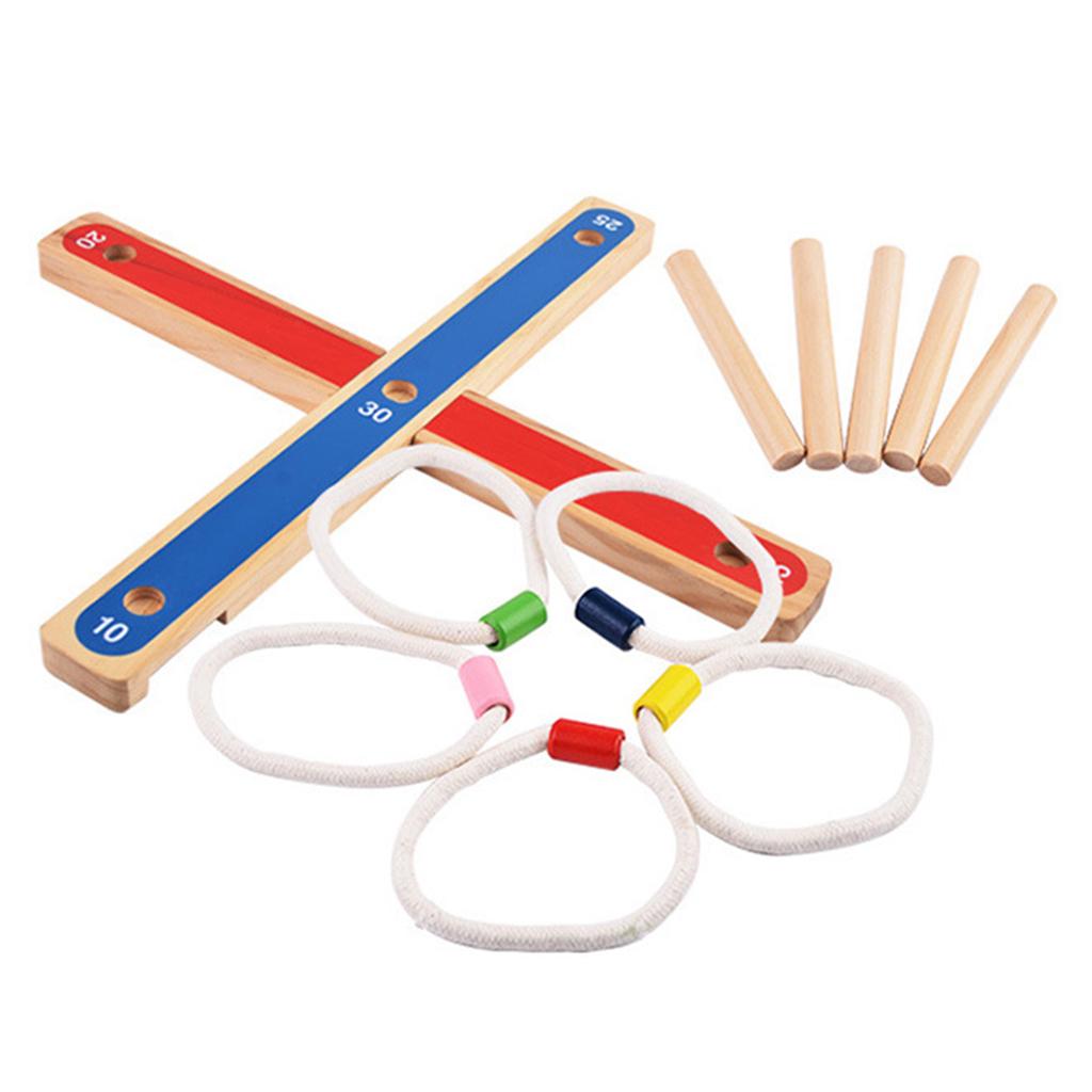 Indoor Outdoor Sports Toys - Ring Toss Game Set (Durable Wood Base, 5 Wood Pegs, 5 Rope Rings)