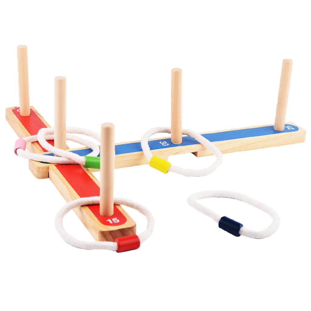 Indoor Outdoor Sports Toys - Ring Toss Game Set (Durable Wood Base, 5 Wood Pegs, 5 Rope Rings)