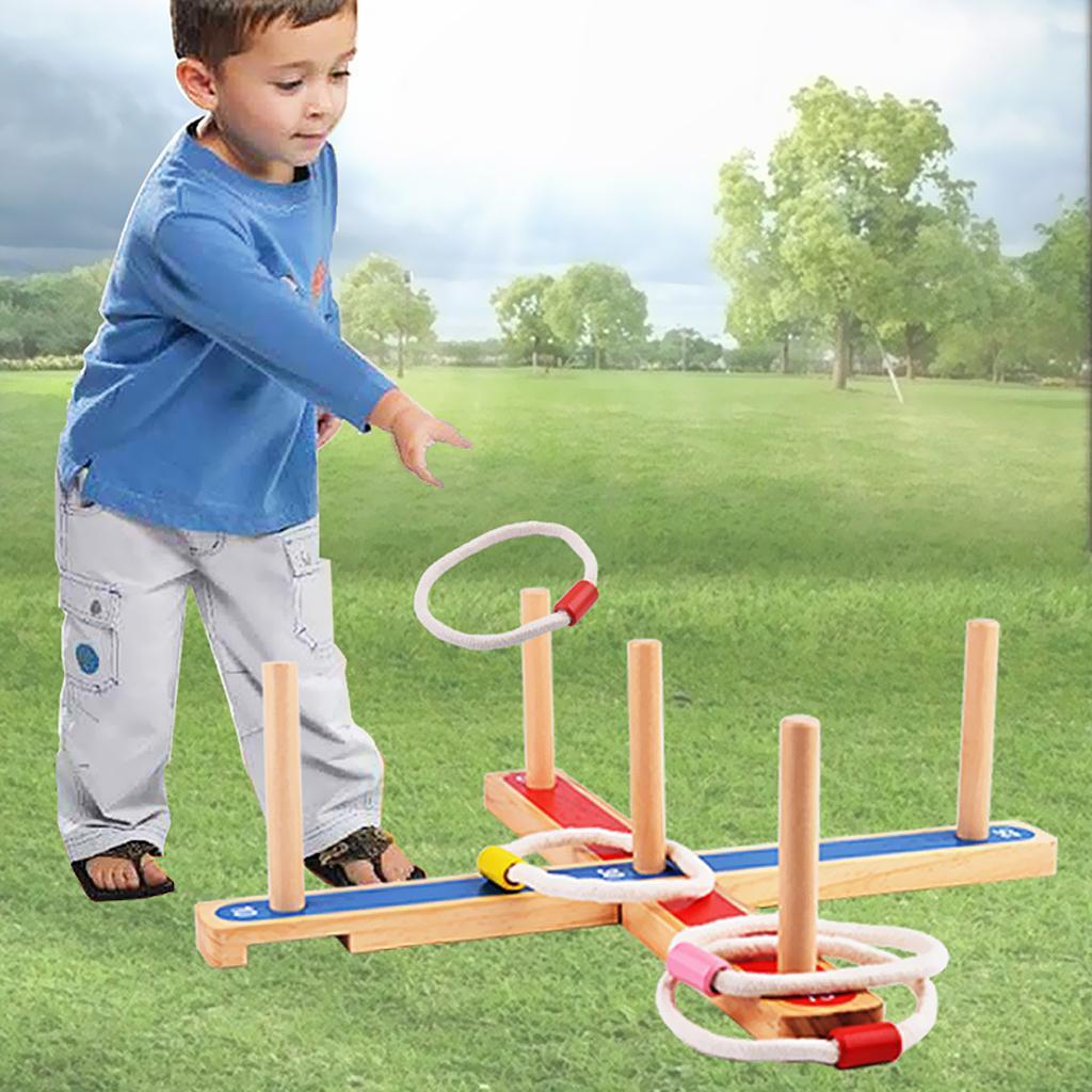 Indoor Outdoor Sports Toys - Ring Toss Game Set (Durable Wood Base, 5 Wood Pegs, 5 Rope Rings)