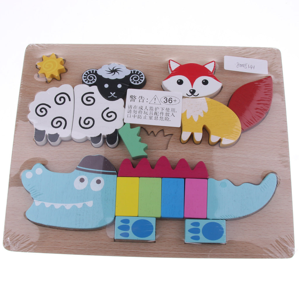 Wooden 3-in-1 Animals Crocodile Lowrie Sheep Jigsaw Puzzle Education Toy