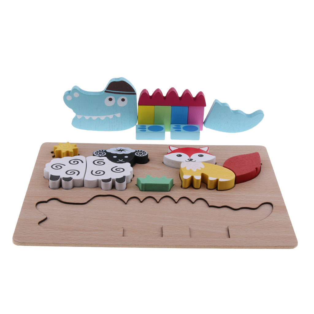 Wooden 3-in-1 Animals Crocodile Lowrie Sheep Jigsaw Puzzle Education Toy