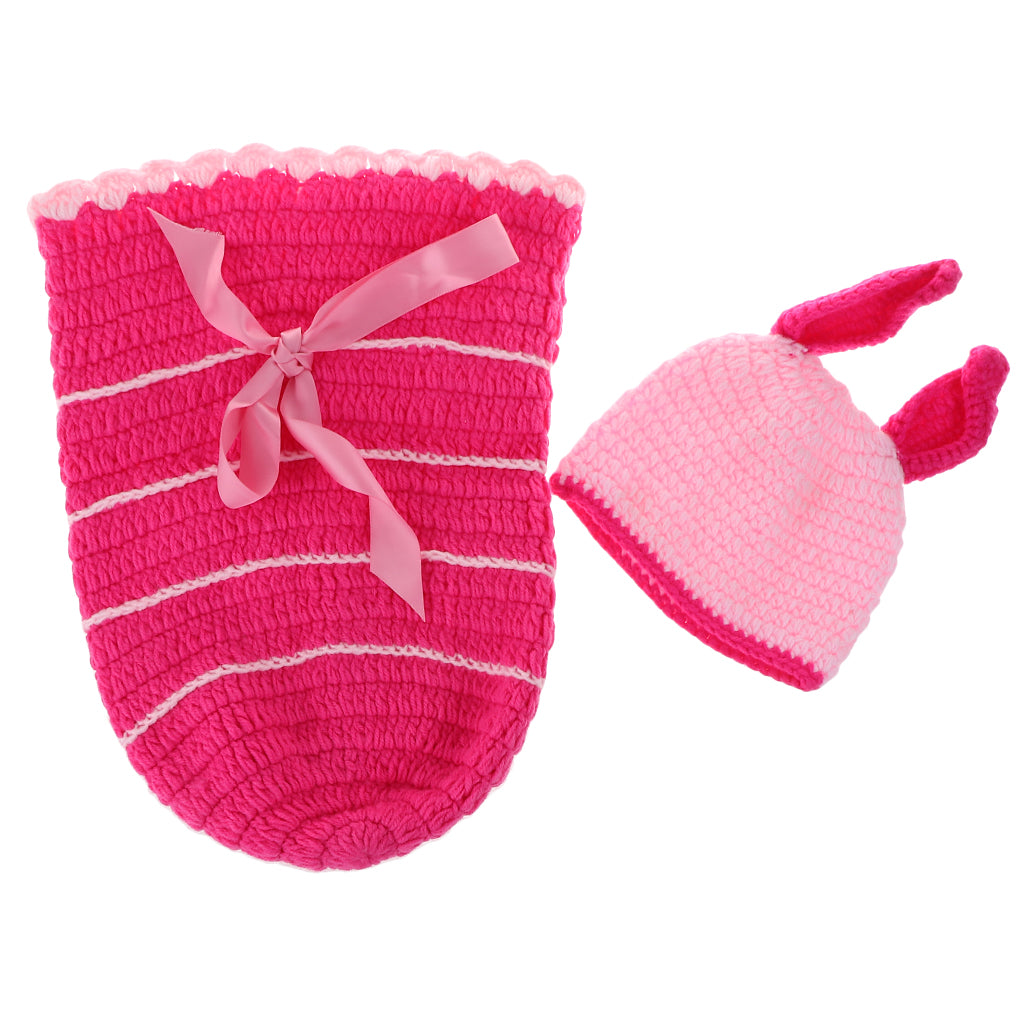 Crochet Costume Knitted Hats Outfits Newborn Photography Props Pink Rabbit