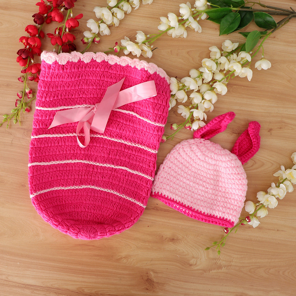 Crochet Costume Knitted Hats Outfits Newborn Photography Props Pink Rabbit