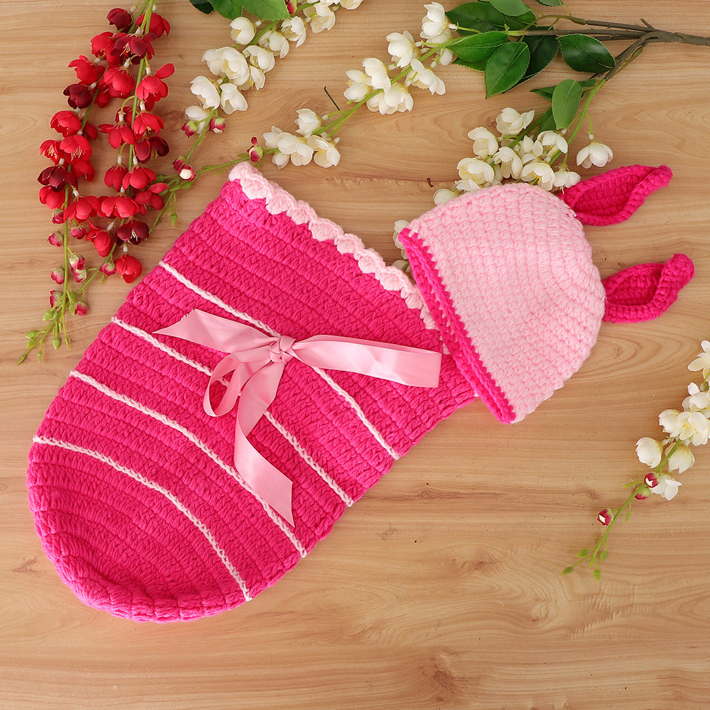 Crochet Costume Knitted Hats Outfits Newborn Photography Props Pink Rabbit