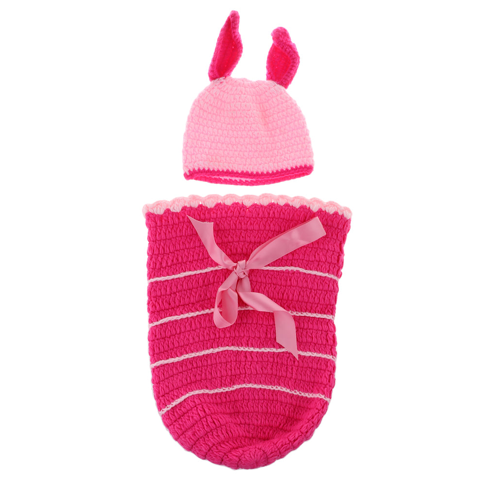 Crochet Costume Knitted Hats Outfits Newborn Photography Props Pink Rabbit