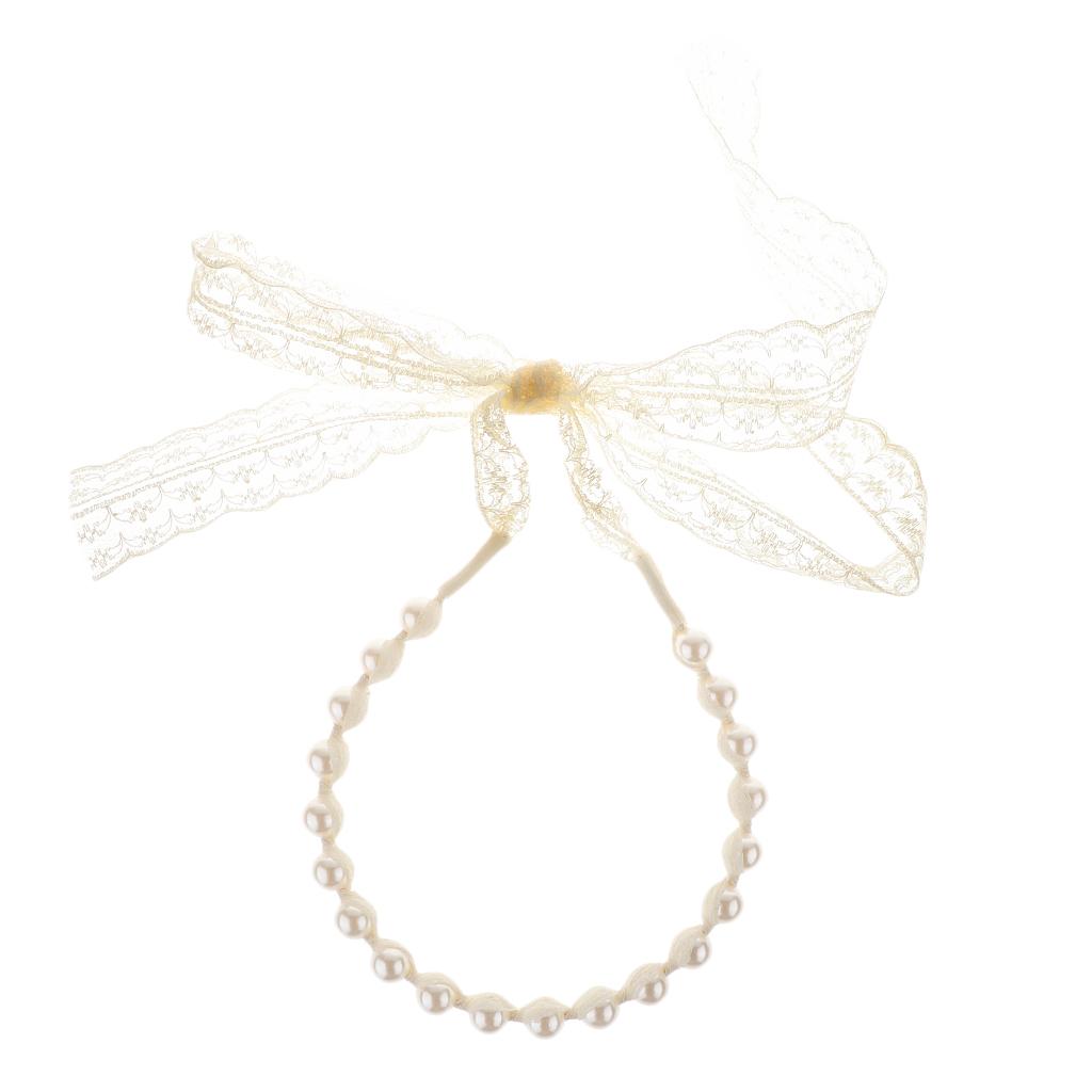 Kids Girl Korean Pearl Long Bow Strap Headband Hairband Head Hoop Beige