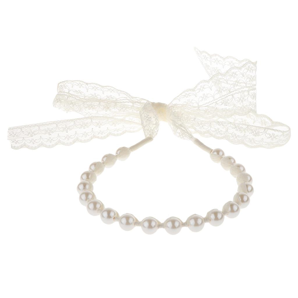 Kids Girl Korean Pearl Long Bow Strap Headband Hairband Head Hoop Beige