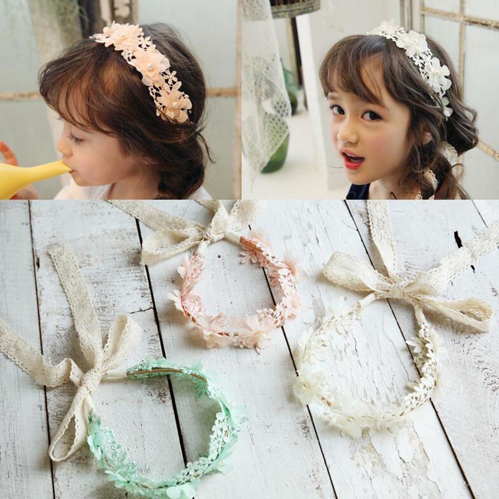 Korean Princess Headband  Lace Ribbon Flower Hair Wreath Kids Headwear White