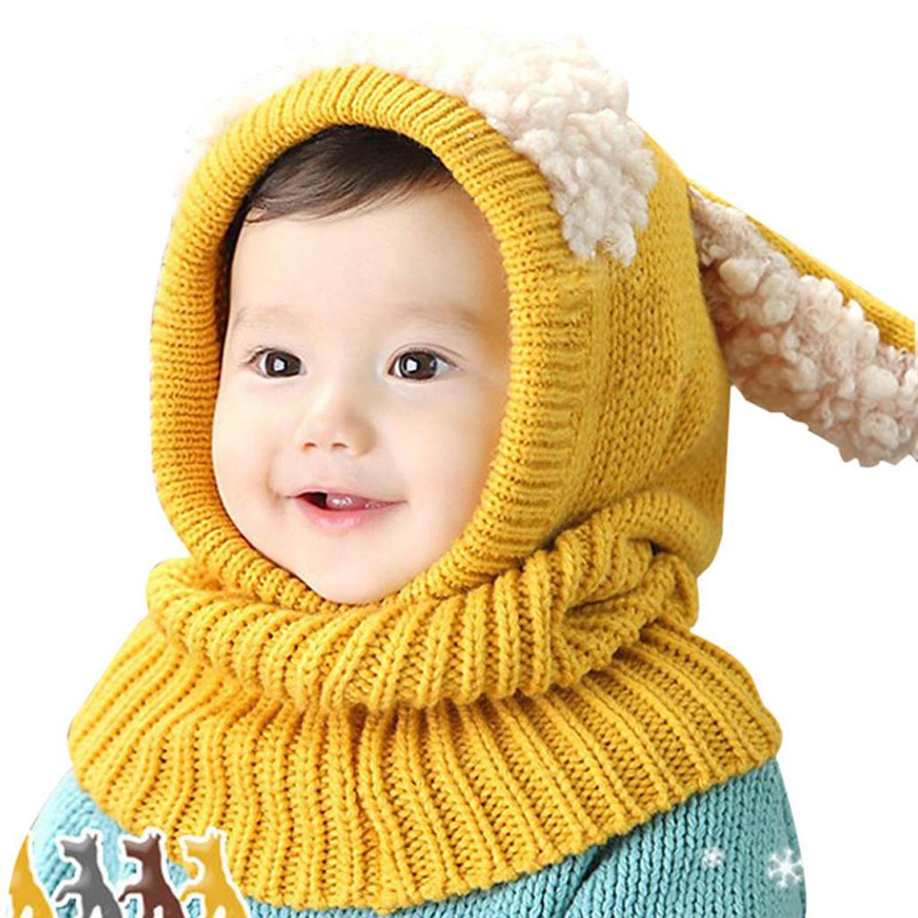 Baby Winter Beanie Warm Hat Hooded Scarf Earflap Knitted Cap Yellow