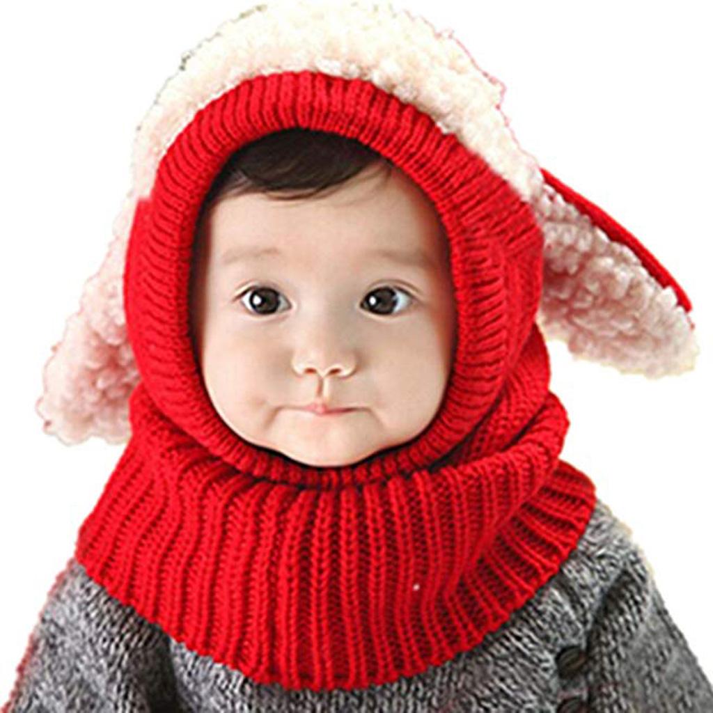 Baby Winter Beanie Warm Hat Hooded Scarf Earflap Knitted Cap Red