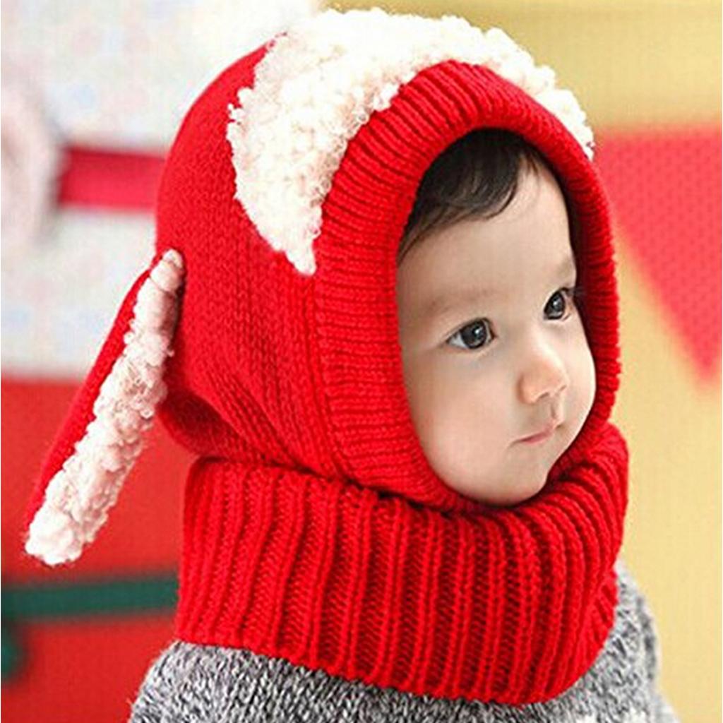 Baby Winter Beanie Warm Hat Hooded Scarf Earflap Knitted Cap Red