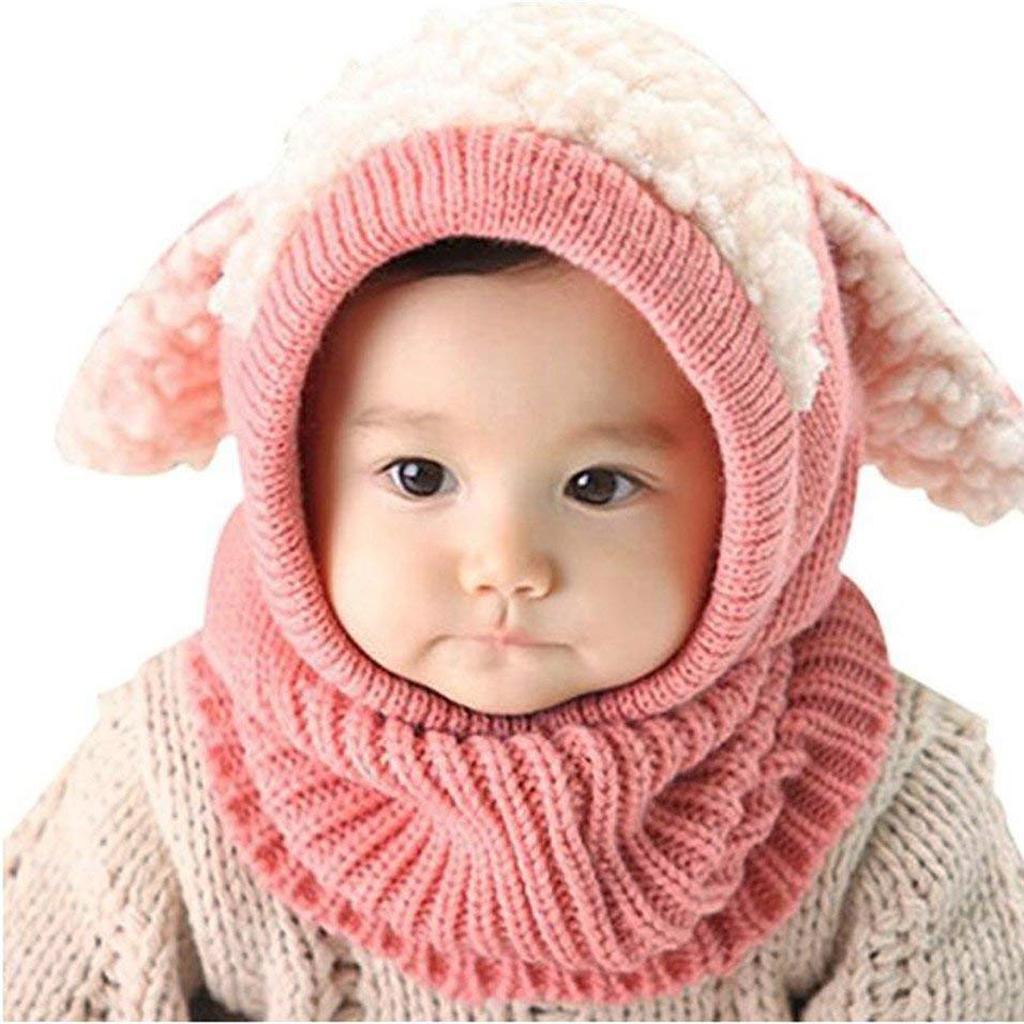 Baby Winter Beanie Warm Hat Hooded Scarf Earflap Knitted Cap Pink