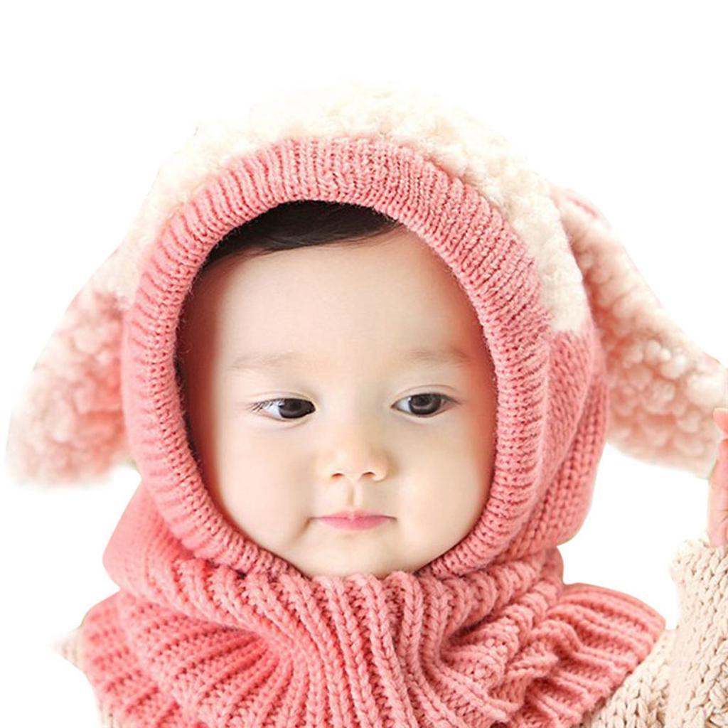 Baby Winter Beanie Warm Hat Hooded Scarf Earflap Knitted Cap Pink