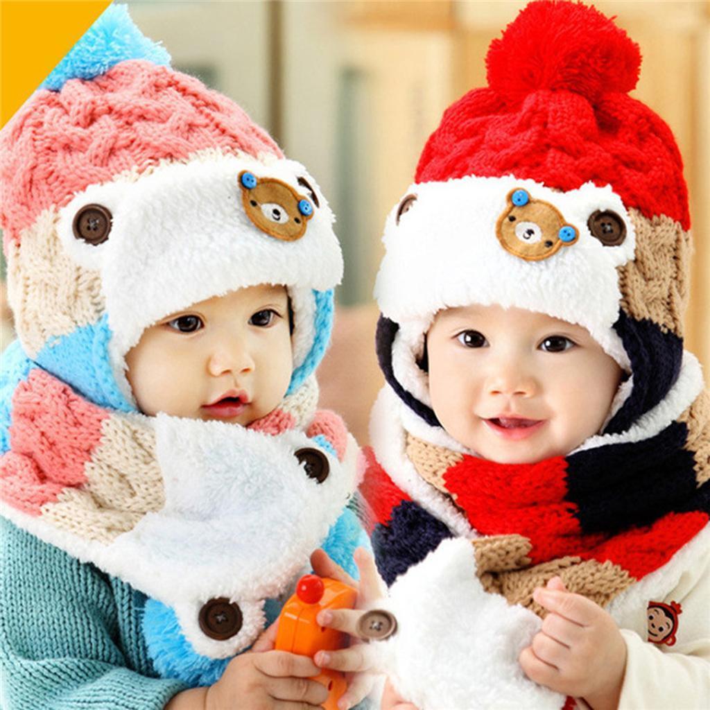 Kids Baby Winter Beanie Warm Hat Hooded Scarf Earflap Knitted Cap Red