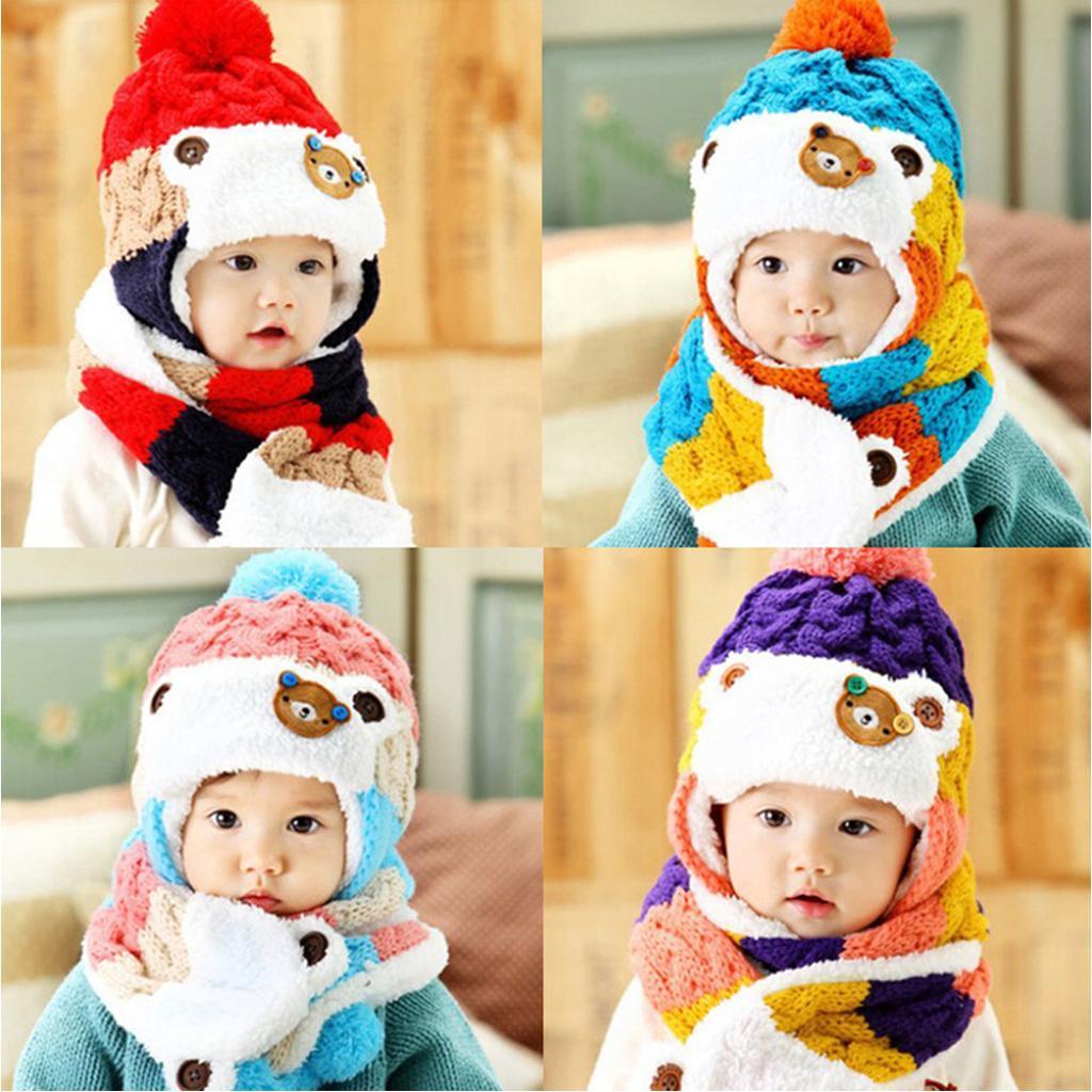 Kids Baby Winter Beanie Warm Hat Hooded Scarf Earflap Knitted Cap Red