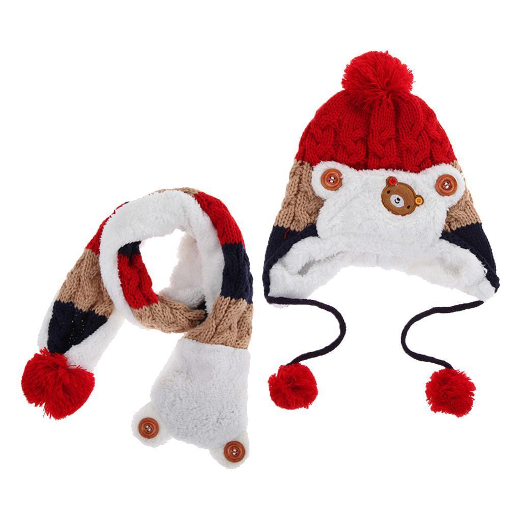 Kids Baby Winter Beanie Warm Hat Hooded Scarf Earflap Knitted Cap Red