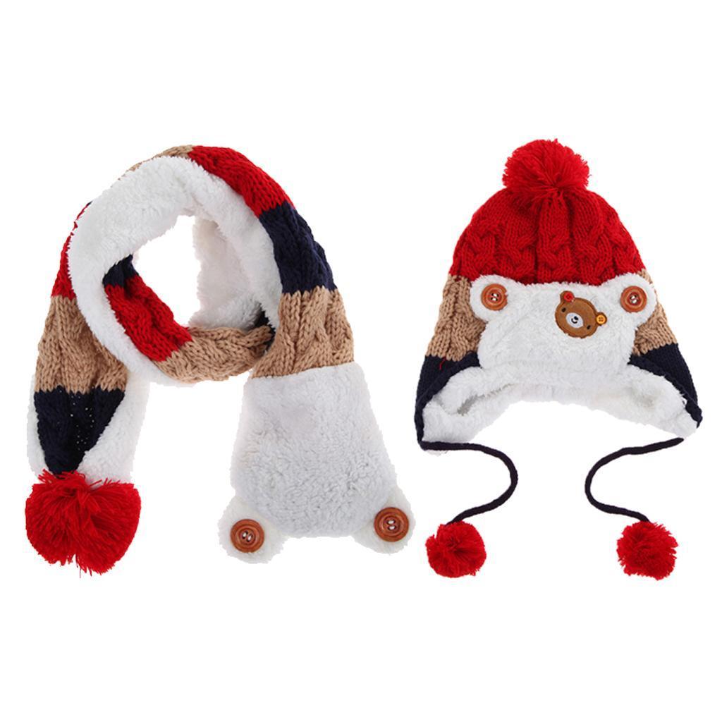 Kids Baby Winter Beanie Warm Hat Hooded Scarf Earflap Knitted Cap Red