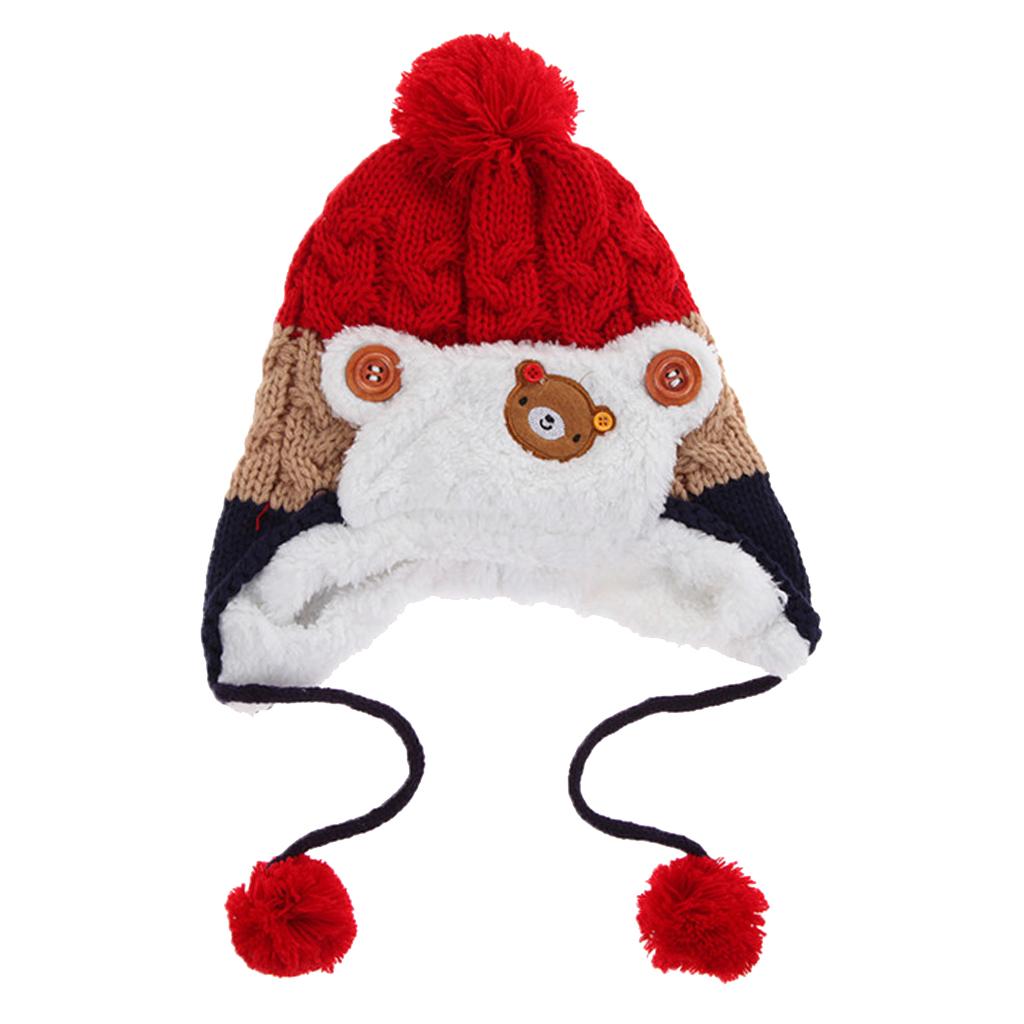 Kids Baby Winter Beanie Warm Hat Hooded Scarf Earflap Knitted Cap Red