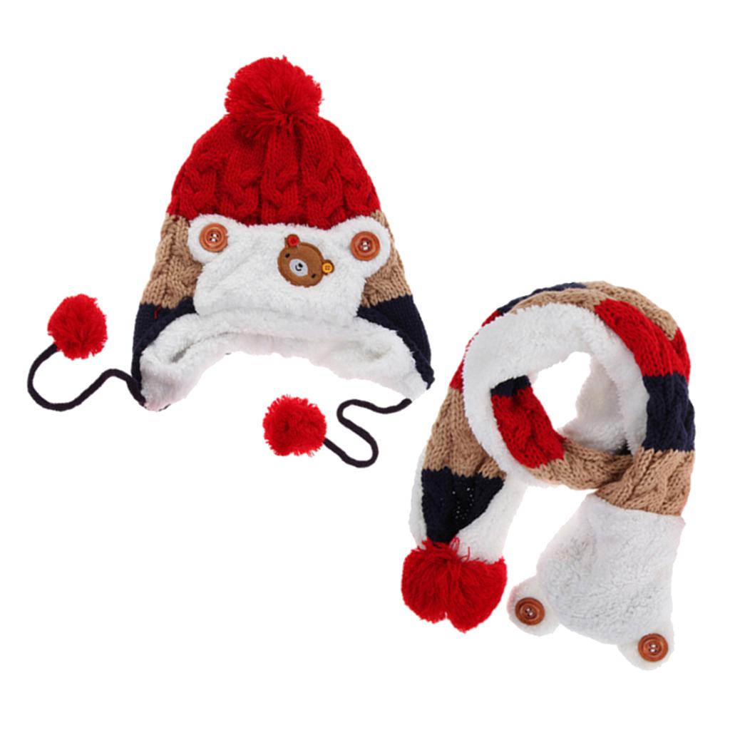 Kids Baby Winter Beanie Warm Hat Hooded Scarf Earflap Knitted Cap Red