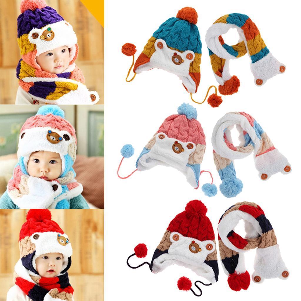 Kids Baby Winter Beanie Warm Hat Hooded Scarf Earflap Knitted Cap Red