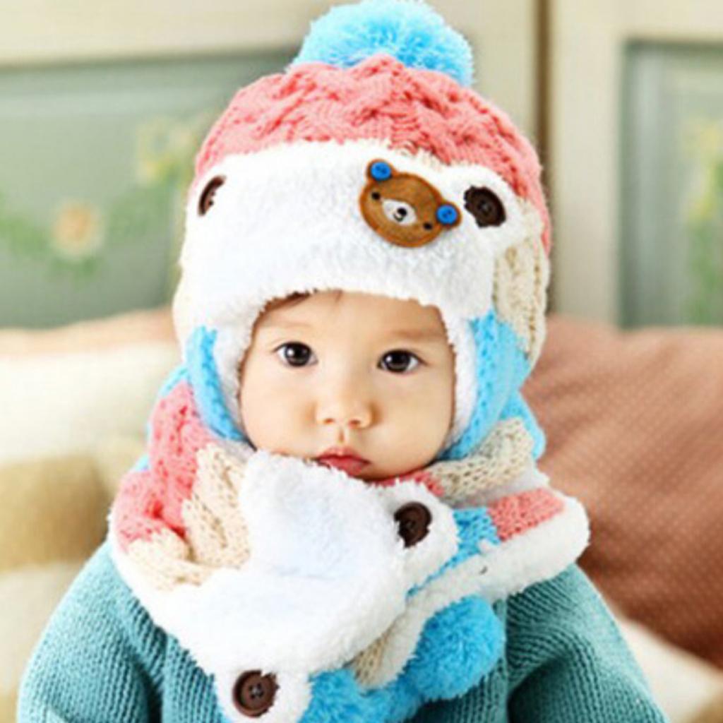 Kids Baby Winter Beanie Warm Hat Hooded Scarf Earflap Knitted Cap Pink